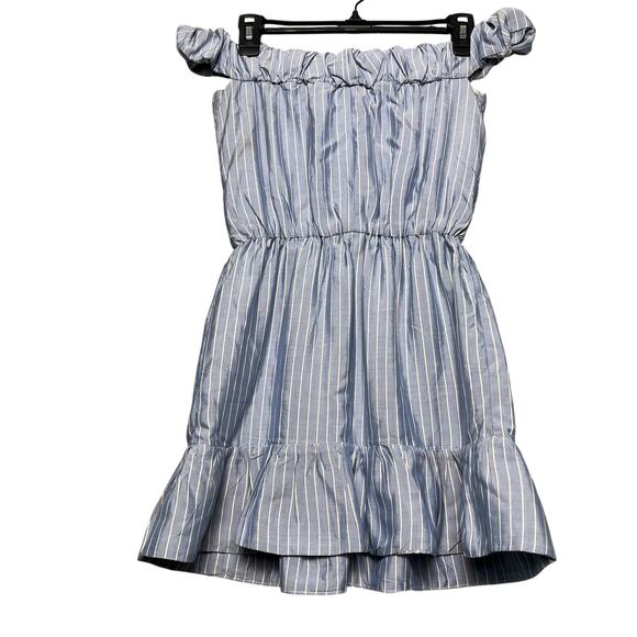 CELINE Off-The-Shoulder Gathered Mini Dress Blue Striped Silk Classic French - Picture 2 of 13